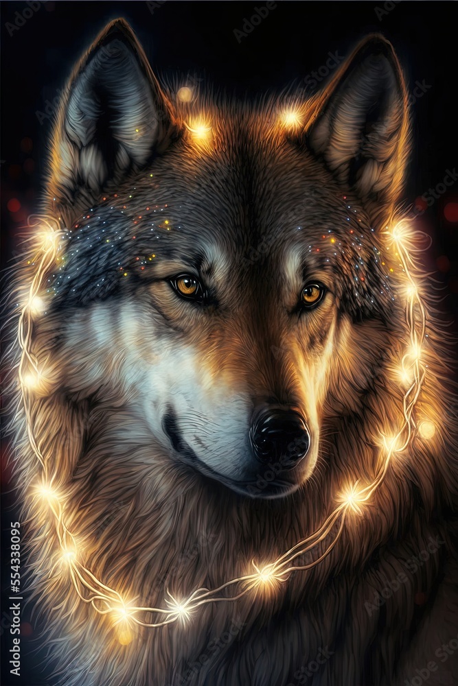 Wolf with Christmas lights, glowing wild animal, Christmas decorations portrait illustration, studio shot generative ai art, black background Wolf with Christmas lights, glowing wild animal, Christmas decorations portrait illustration, studio shot generative ai art, black background