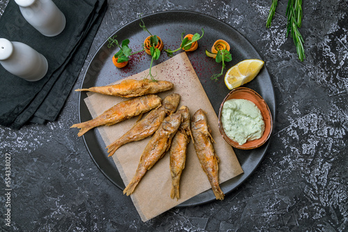 Tableau sur toile fried surmullet on black plate with sauce top view