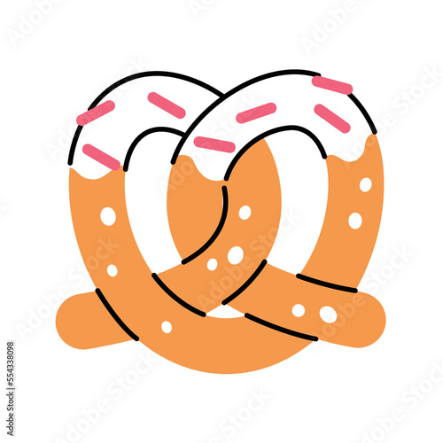 Cute heart-shaped pretzel. Vector cartoon clipart isolated illustration on white background. Sweet sugar dessert to show love. Image for Valentine day. 