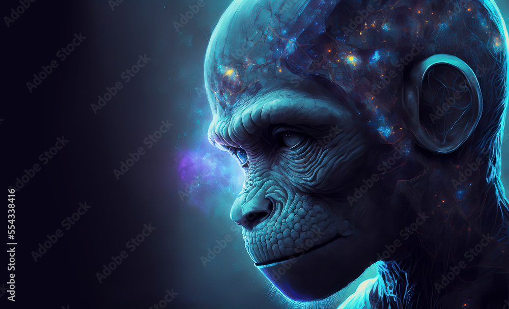 Profile View of a High-tech Cyber Monkey with Glowing Particles made with Generative AI Profile View of a High-tech Cyber Monkey with Glowing Particles made with Generative AI