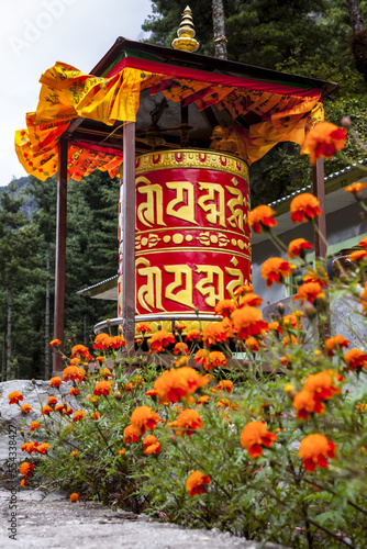 Prayer wheel with bright orange marigold plant in the foreground on a cloudy, breezy, autumn day in Cheplung Village, Solokhumbu district, Nepal photo