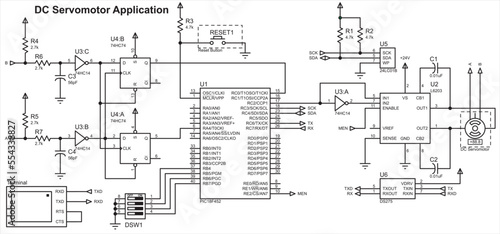 Vector electrical schematic diagram of an electronic device with a servo motor, external eeprom memory, trigger chips, logic gates. The circuit operates under the control of a microcontroller.
