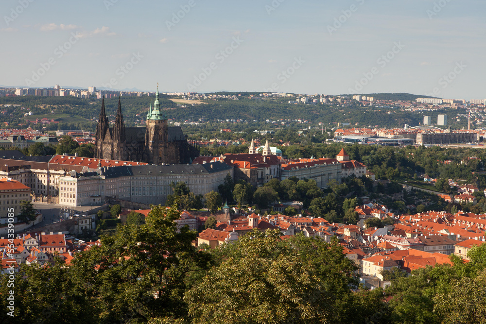A view of Prague Castle and the Prague cityscape from Petrin Hill.; Prague, Czech Republic A view of Prague Castle and the Prague cityscape from Petrin Hill.; Prague, Czech Republic