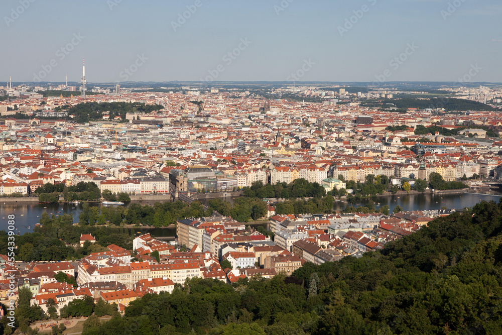 A view of the Prague cityscape and Vltava River from Petrin Hill.; Petrin Hill, Prague, Czech Republic A view of the Prague cityscape and Vltava River from Petrin Hill.; Petrin Hill, Prague, Czech Republic