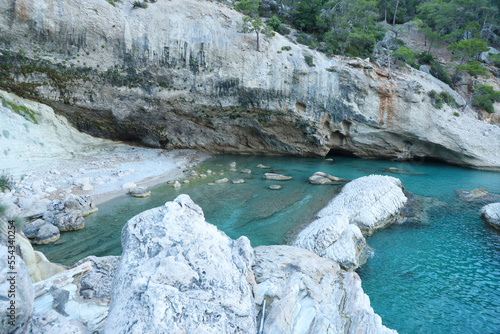 Fototapeta Naklejka Na Ścianę i Meble -  Travel in Turkey Aegean sea and rocks lagoon landscape nature. Big rocked shores over the deep blue sea water. Luxury place for chillout