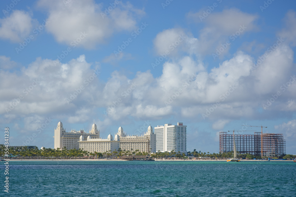 Azure blue water of Caribbean sea, Aruba coastline, 2022.