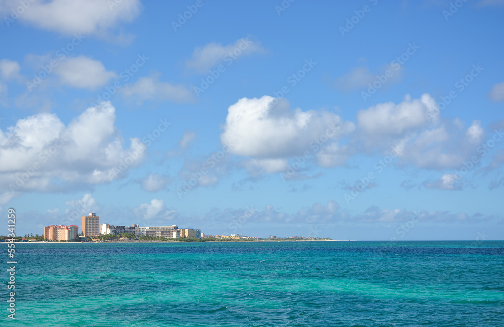 Azure blue water of Caribbean sea, Aruba coastline, 2022.