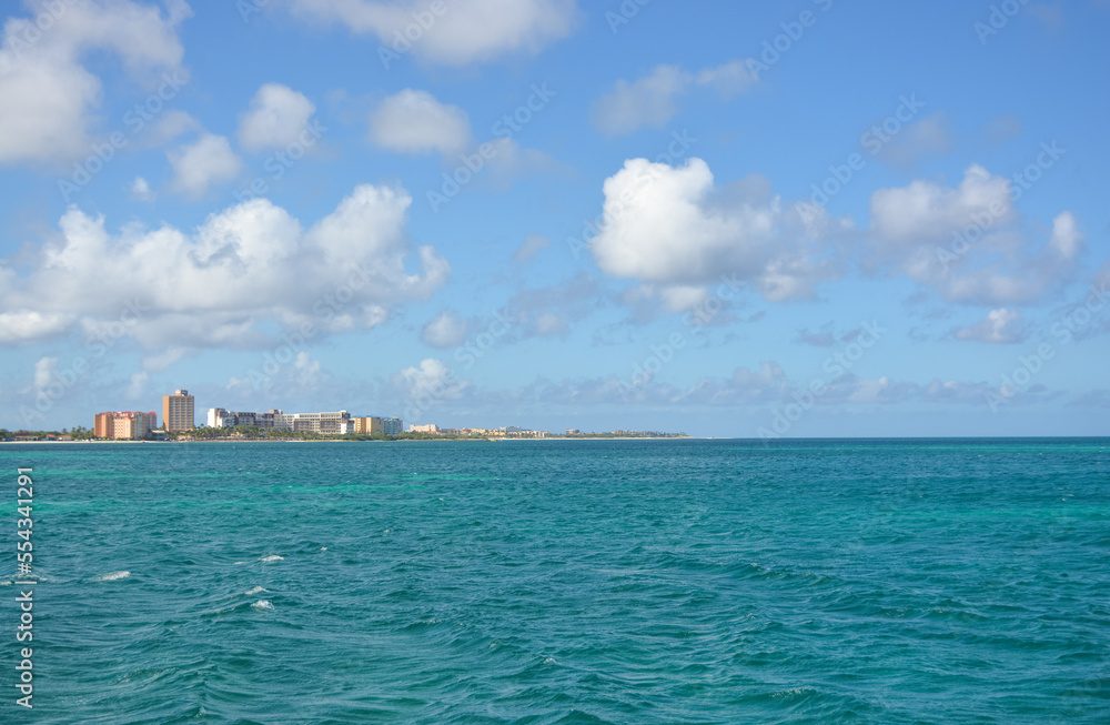 Azure blue water of Caribbean sea, Aruba coastline, 2022.