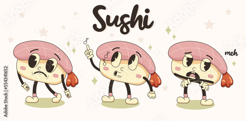 Sushi set illustration in retro cartoon style, sushi lettering. Different Sushi mascot characters 