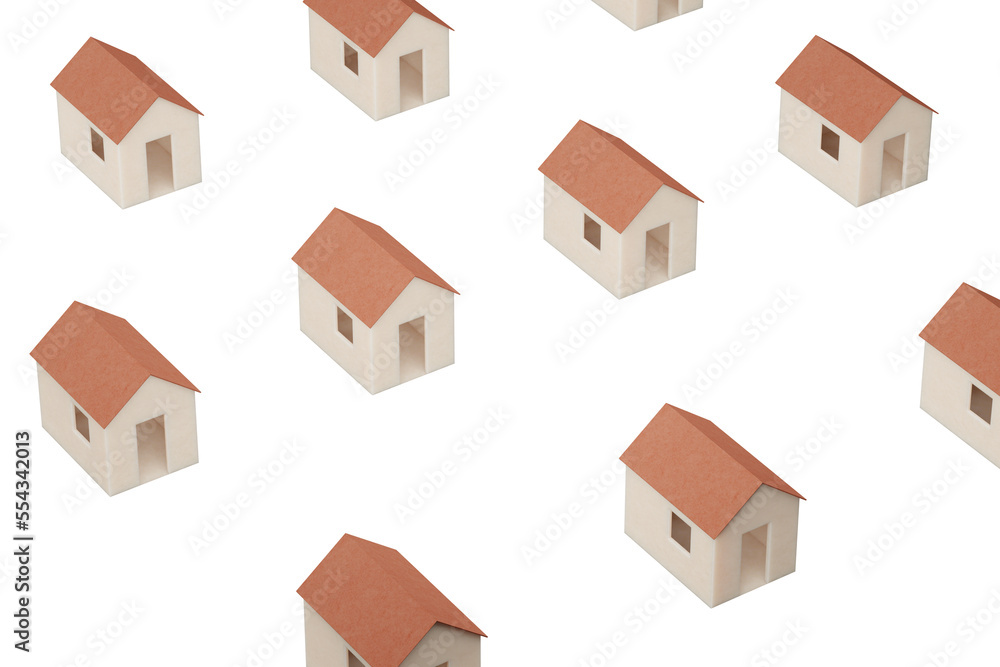 Array of toy houses on isolated white backdrop, 3d rendering. Concept of real estate, serial development, rent business, home and mortgage Array of toy houses on isolated white backdrop, 3d rendering. Concept of real estate, serial development, rent business, home and mortgage