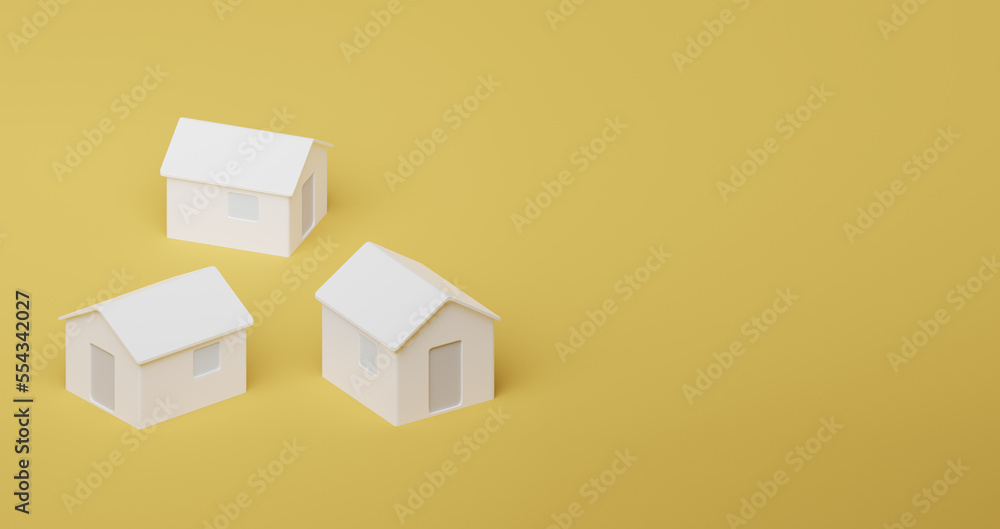 Obraz premium Toy homes in isolated background, 3d illustration. Housing concepts, real estate on a budget and mortgage symbols