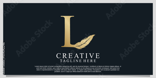 Golden letter L with unique feather combination logo design Premium Vector