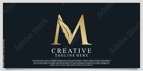 Golden letter M with unique feather combination logo design Premium Vector