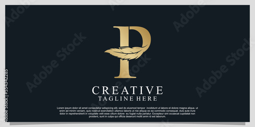 Golden letter P with unique feather combination logo design Premium Vector