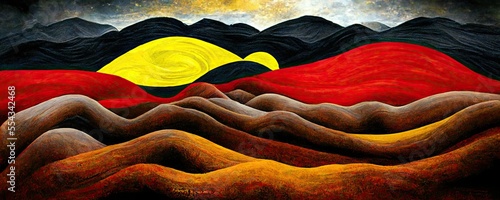 Australian Aboriginal dreamtime creation of Australia by a rainbow serpent, its mountains rivers, trees and people, Aboriginal religion and culture, concept illustration photo