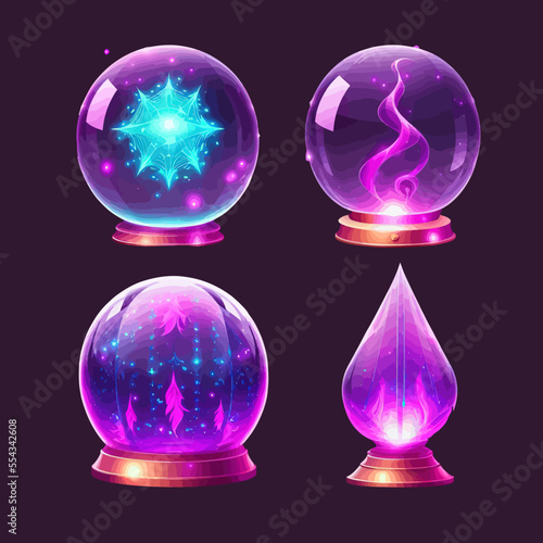Magic crystal ball set, witch fortune sphere, glass. Isolated on a black background. Cartoon vector illustration