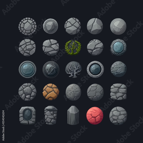 Stone vector button set, gui UI rock frame game asset. Isolated on a black  background. Cartoon vector illustration