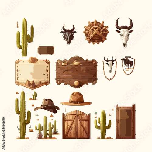 Wild west icon set, western wooden signboard, vintage saloon door, wanted poster. Isolated on a white background. Cartoon vector illustration
