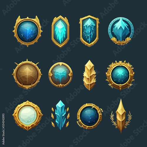 Game frame set, round level up title UI GUI. Isolated on a black background. Cartoon vector illustration