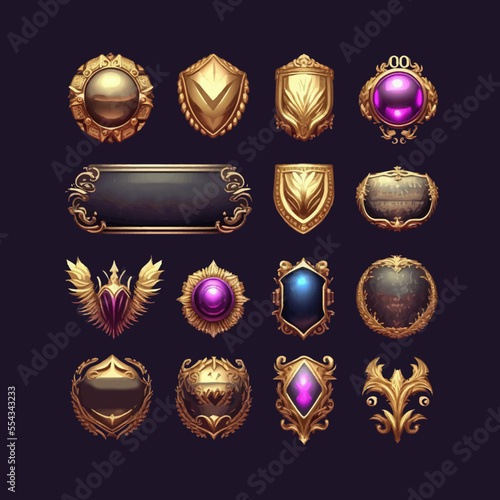 Golden avatar game frame set, royal circle geometric kit. Isolated on a white background. Cartoon vector illustration