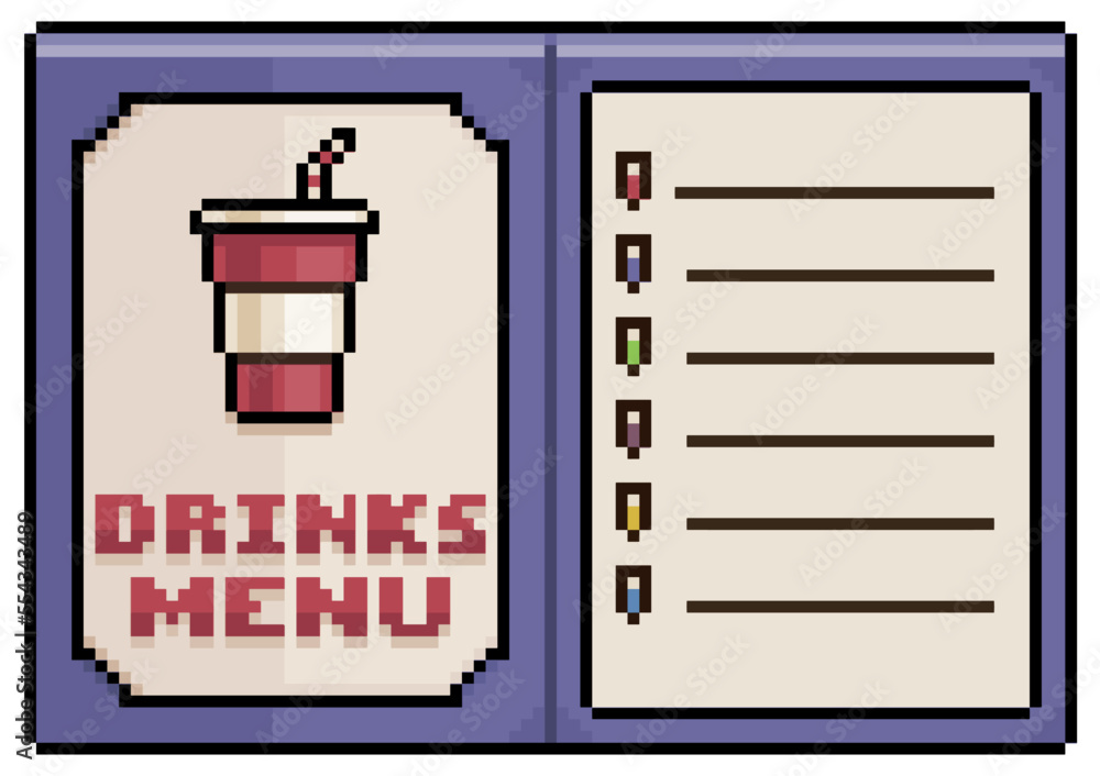 Pixel art drink menu, open paper menu vector icon for 8bit game on white background Pixel art drink menu, open paper menu vector icon for 8bit game on white background