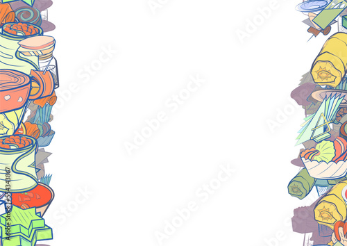 Background pattern abstract design texture. Snacks and Table setting. Vertical seamless stripes. Border frame, transparent background. Theme is about snack, liquids, strung up, roll, salad