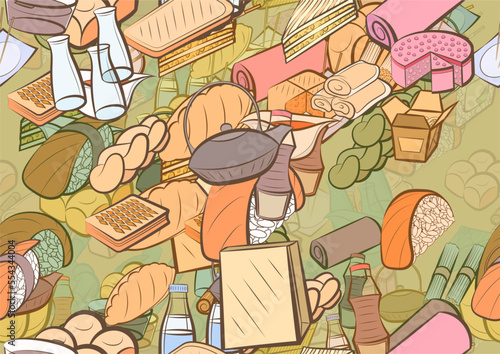 Background pattern abstract design texture. Seamless. Bakery products and Japanese food. Theme is about braid, pancakes, pie, molded, two-layer, wok, sauce bottle, waffles, dissected, delivery