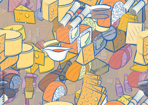 Background pattern abstract design texture. Seamless. Japanese food and Cheeses. Theme is about soy sauce, bottles, hard cheese, sauce bottle, cut off, sushi, bamboo mat, sushi salmon, slice