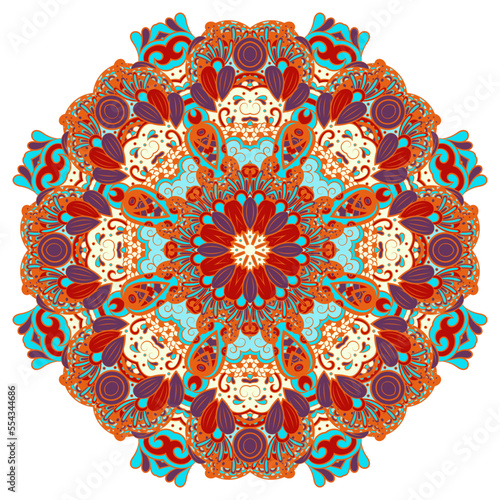 Mandala. Tracery wheel image. Mehndi design. Ethnic doodle art. Curved doodling picture. Vector