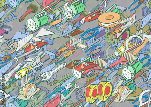 Background pattern abstract design texture. Seamless. Building tools and Repair. Theme is about length, spinning, circular saw, fum-tape, instruments, paint roller, adjustable wrench, retainer