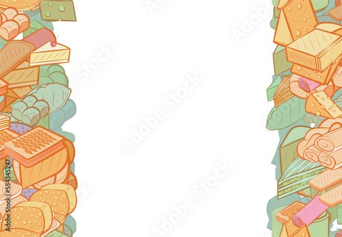 Background pattern abstract design texture. Cheeses and Bakery products. Vertical seamless stripes. Border frame, transparent background. Theme is about common, share, saturated with filling