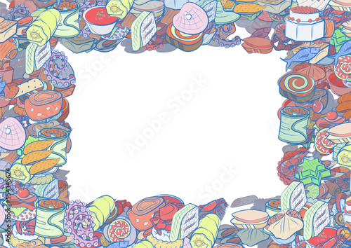 Background pattern abstract design texture. Seafood and Snacks. Border frame, transparent background. Theme is about snack, crab meat, star, covered, mussels, wand, slice, salmon, basket