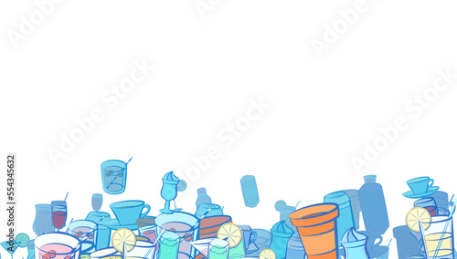 Background pattern abstract design texture. Drinks. Horizontal seamless stripe. Border frame, transparent background. Theme is about alcohol, cherries, drinking straw, cola, compote, figured glass