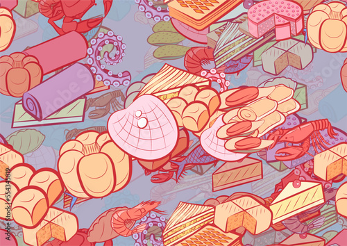 Background pattern abstract design texture. Seamless. Bakery products and Seafood. Theme is about strudel, spicy, braid, roll, sea, molded, crab, tentacle, filling, big, fish, pancakes, shell