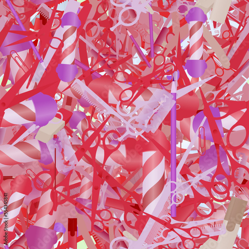 Background pattern abstract design texture. Seamless. Theme is about barber, employee, barbershop, clip, paper knife, Barber pole, for papers, ballpoint pen, eraser, marker, hair care