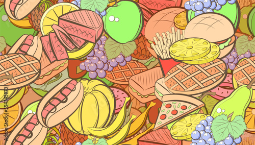 Background pattern abstract design texture. Seamless. Fruits and American food. Theme is about bakery products, peel, potato, half, round grapes, couple, lobules, french fries, bunch, incision