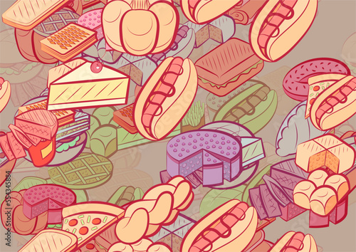 Background pattern abstract design texture. Seamless. Bakery products and American food. Theme is about waffles, mini buns, strudel, two-layer, filling, cheese, cherry, cutlet, pie, pancakes