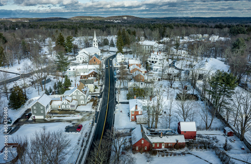 Photography Winter aerial view of a quaint New England town.
-Pepperell, MA