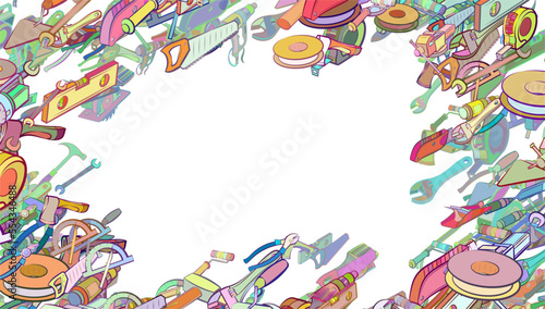 Background pattern abstract design texture. Repair and Building tools. Border frame, transparent background. Theme is about handle, power tool, lamp, spatula, wooden handle, circular saw
