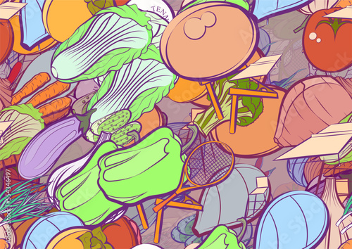 Background pattern abstract design texture. Seamless. Tennis and Health food. Theme is about washed, vitamin C, Chinese cabbage, carrot, chair, balls, vitamins, Chile, onion feathers, nutritious