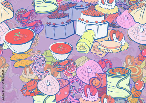 Background pattern abstract design texture. Seamless. Snacks and Seafood. Theme is about topping, covered, wand, satiety, tartlet, strung up, rice, sandwich, liquids, big, twisted, tentacle