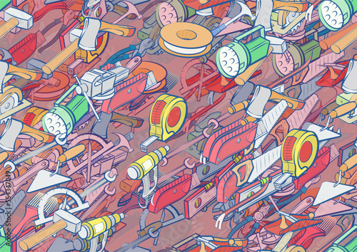Background pattern abstract design texture. Seamless. Repair and Building tools. Theme is about meter, nippers, clogging, vice, woodworking, rolls down, plane, shine, segmented, forceful effect