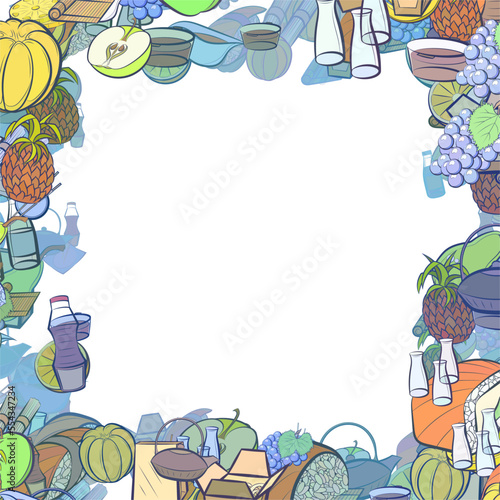 Background pattern abstract design texture. Japanese food and Fruits. Border frame, transparent background. Theme is about bunch, bamboo mat, leaflet, cup, soy sauce, chopsticks, water bottles