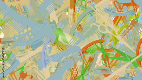 Background pattern abstract design texture. Seamless. Theme is about razor blade, clip, bobby pin, hair care, scissors, comb, raker, hairpin, claw, hairstyle, Barber pole, barrette, salon