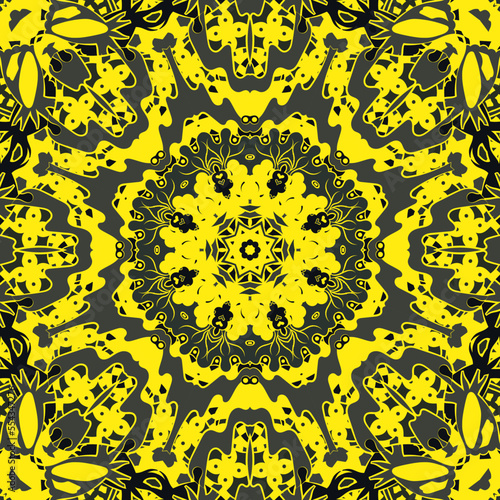 Seamless tile texture. Tracery mehndi design image. Dark toxic colors. Ethnic doodle art. Curved doodling picture. Vector