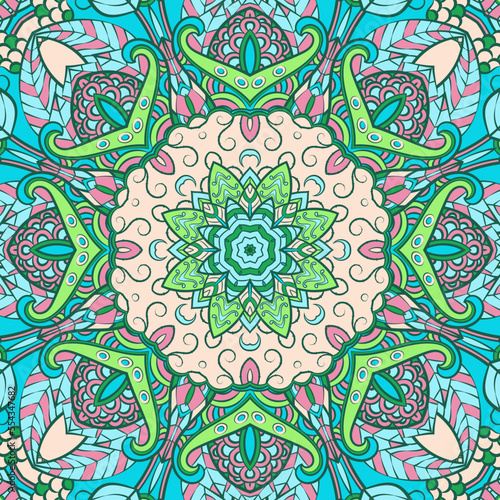 Seamless tile texture. Tracery mehndi design image. Ethnic doodle art. Curved doodling picture. Vector