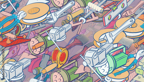 Background pattern abstract design texture. Seamless. Repair and Building tools. Theme is about building level, workshop, shine, hand tool, spinning, rolls down, fum-tape, sawing, building