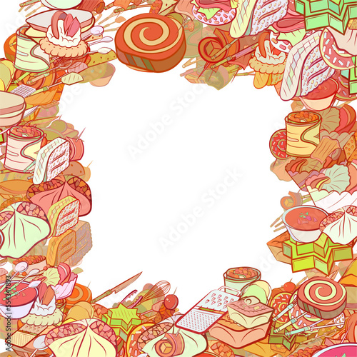 Background pattern abstract design texture. Snacks and Cutlery. Border frame, transparent background. Theme is about whisk, ladle, soup, loaf, spiral, Khinkali, grater, twisted filling, cake