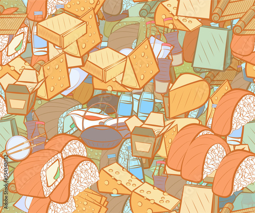 Background pattern abstract design texture. Seamless. Cheeses and Japanese food. Theme is about roll salmon, slice, chopsticks, briquette, bamboo mat, remnant, solid, triangle, cut off, bottles
