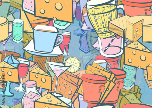 Background pattern abstract design texture. Seamless. Drinks and Cheeses. Theme is about tea, monolithic, slice, beer, solid, a circle, kvass, cheese, stand, drink, no holes, lies, cardboard